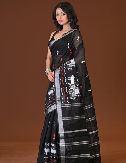Black Gorur Gari Handloom Saree With Folk Print