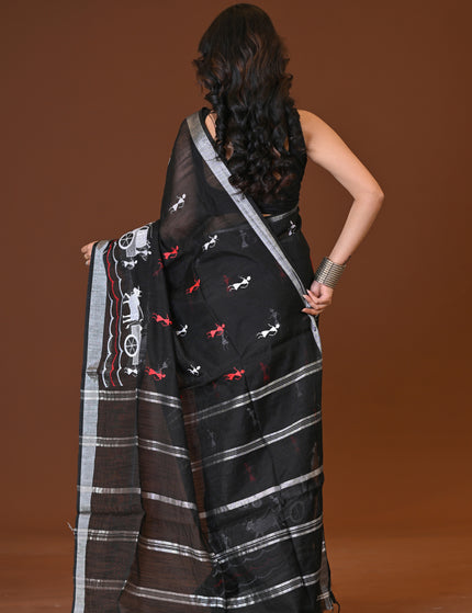 Black Gorur Gari Handloom Saree With Folk Print