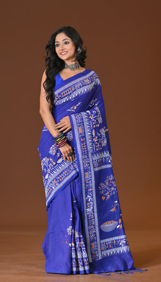 Khadi Tree Print Daily Wear Blue Saree
