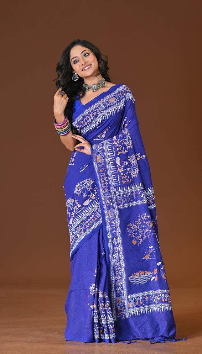 Khadi Tree Print Daily Wear Blue Saree