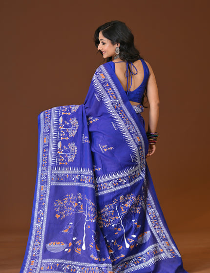 Khadi Tree Print Daily Wear Blue Saree