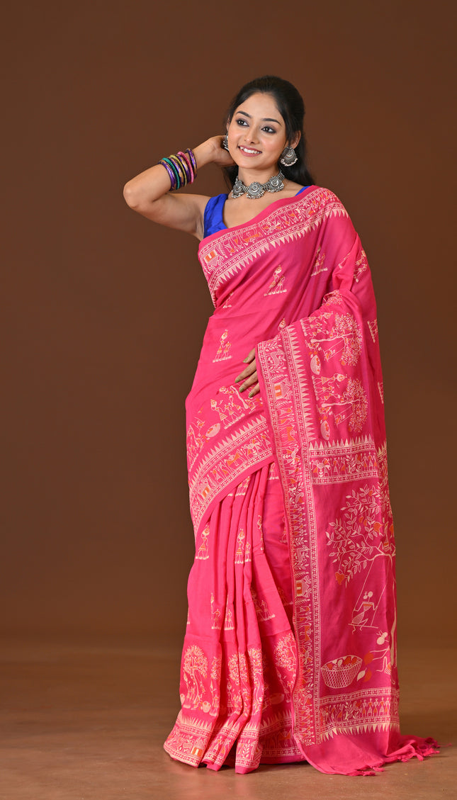 Pink Khadi Tree Print Daily Wear Saree