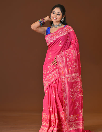 Pink Khadi Tree Print Daily Wear Saree
