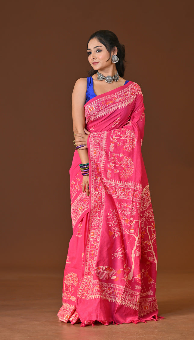 Pink Khadi Tree Print Daily Wear Saree