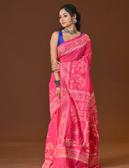 Pink Khadi Tree Print Daily Wear Saree