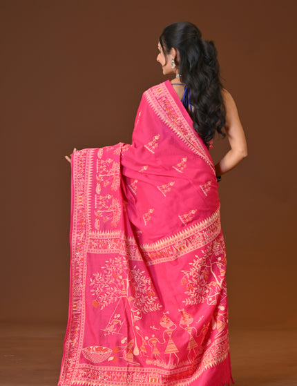 Pink Khadi Tree Print Daily Wear Saree