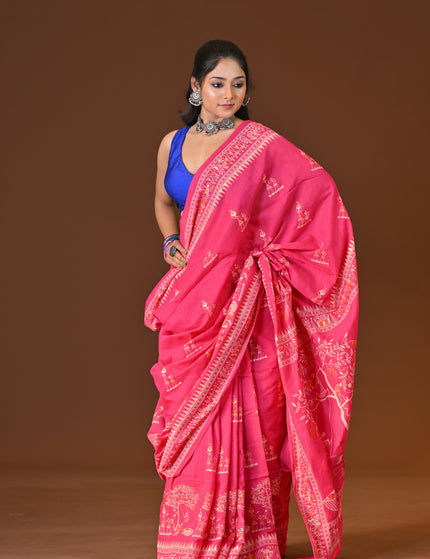 Pink Khadi Tree Print Daily Wear Saree