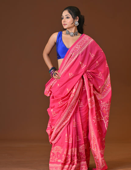 Pink Khadi Tree Print Daily Wear Saree