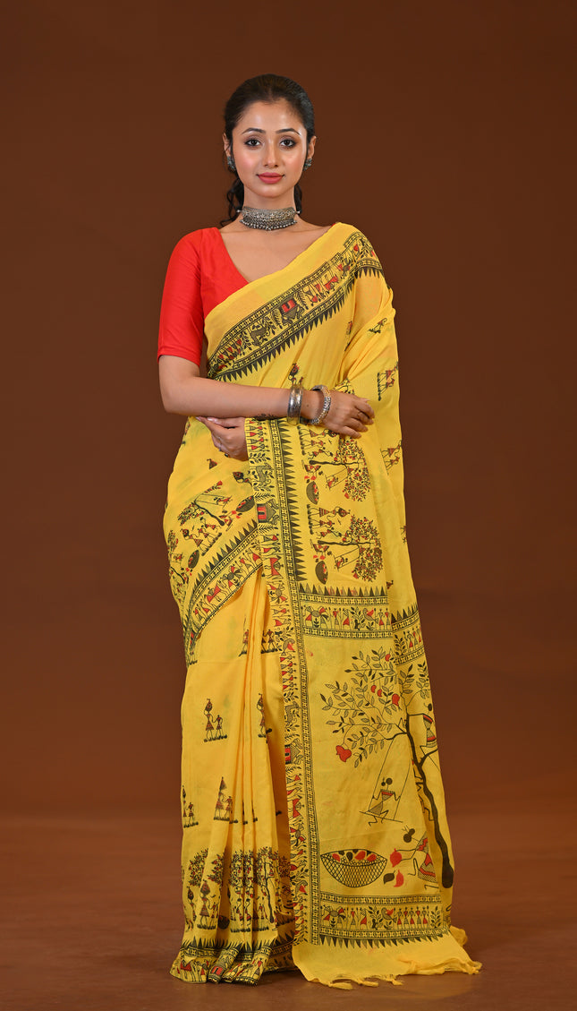 Yellow Khadi Tree Print Daily Wear Saree