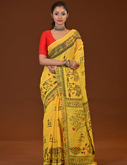 Yellow Khadi Tree Print Daily Wear Saree