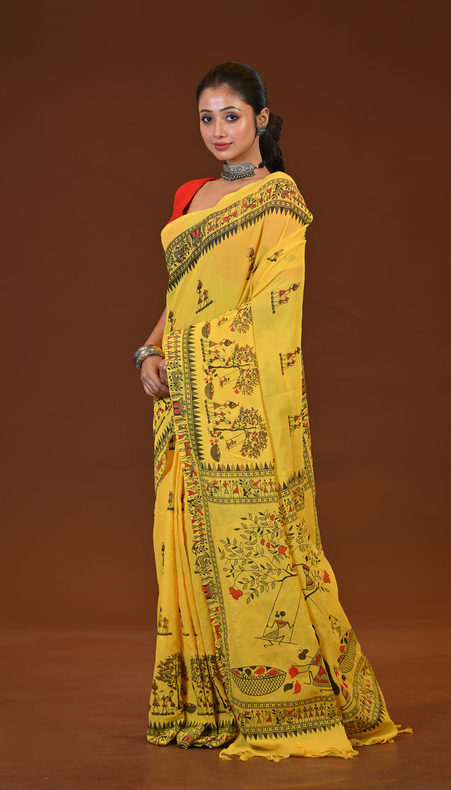 Yellow Khadi Tree Print Daily Wear Saree