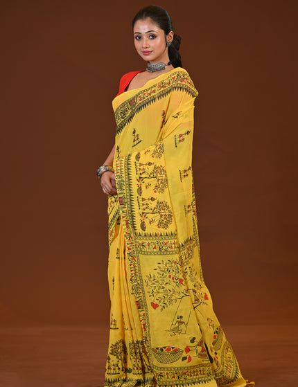 Yellow Khadi Tree Print Daily Wear Saree