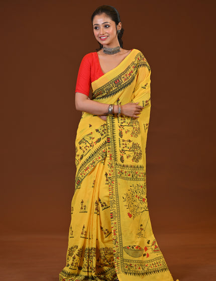 Yellow Khadi Tree Print Daily Wear Saree