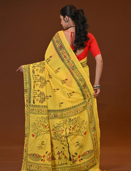 Yellow Khadi Tree Print Daily Wear Saree