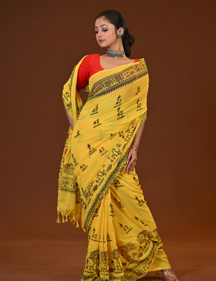 Yellow Khadi Tree Print Daily Wear Saree