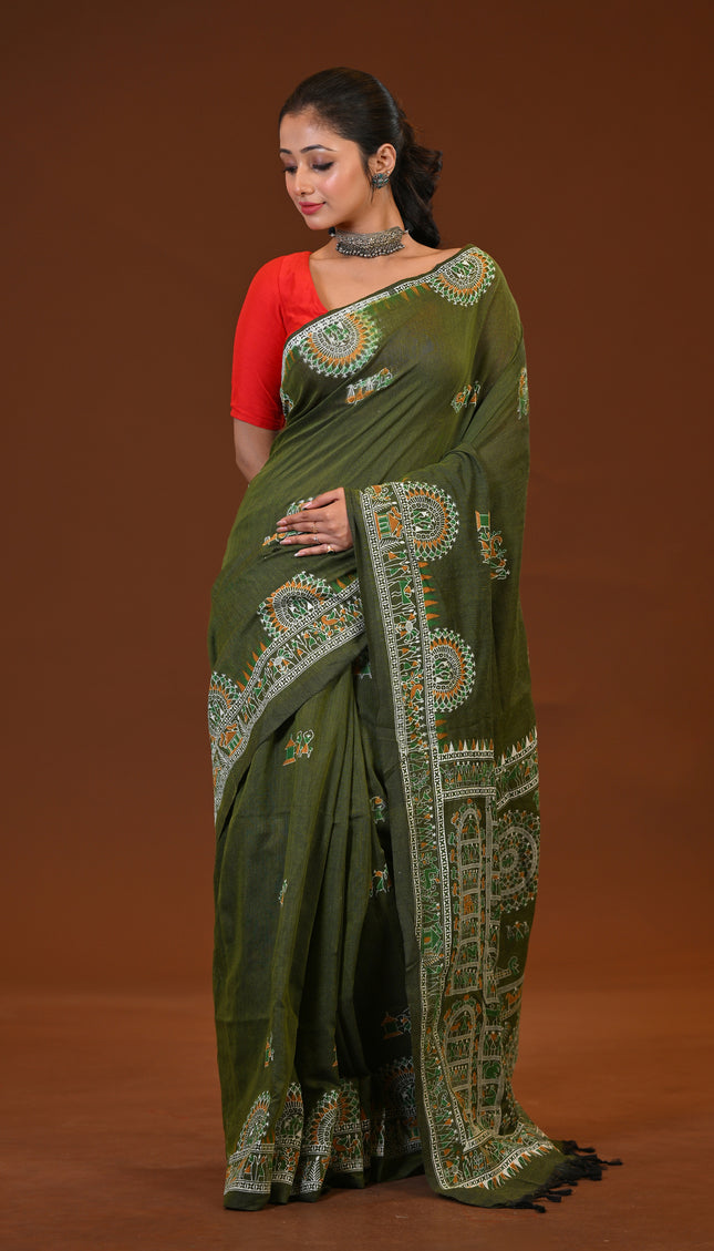 Khadi Madhubani Print Saree