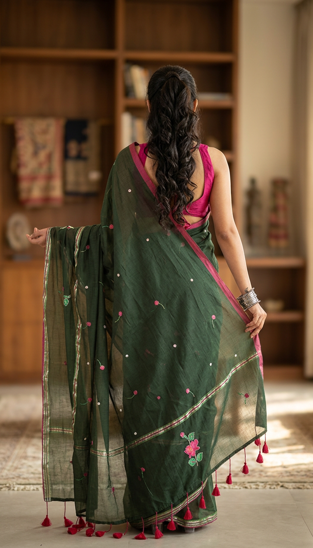 Bottle Green Handloom Cotton Saree — Lotus Hand Painted | Handcrafted saree | KalamKantha