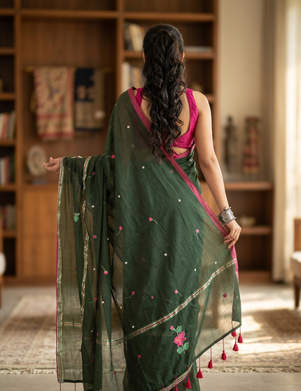 Bottle Green Handloom Cotton Saree — Lotus Hand Painted | Handcrafted saree | KalamKantha