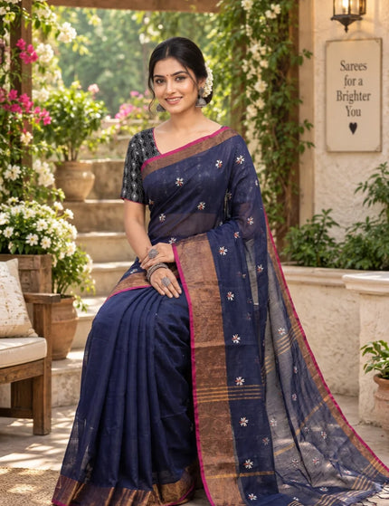 Navy Blue Jasmin Handloom Cotton Saree – KalamKantha