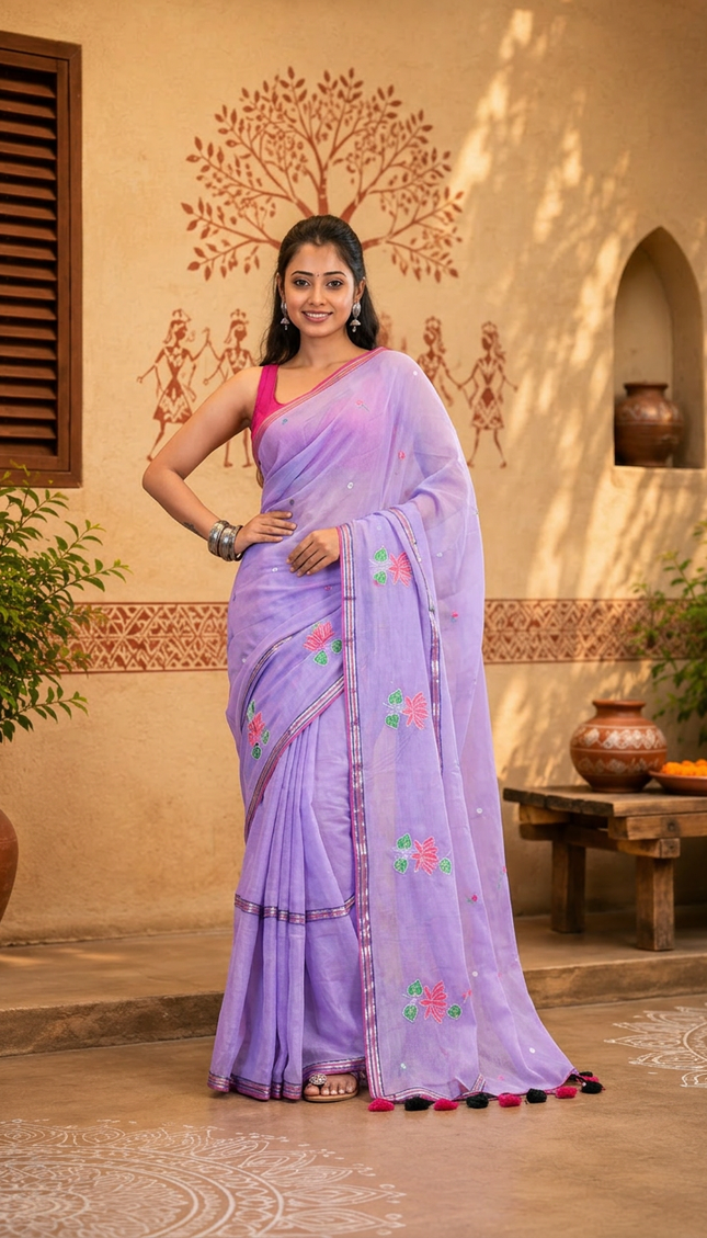 Lilac Handloom Cotton Saree — Lotus Hand Painted | Handcrafted saree | KalamKantha