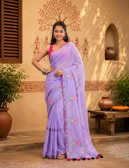 Lilac Handloom Cotton Saree — Lotus Hand Painted | Handcrafted saree | KalamKantha