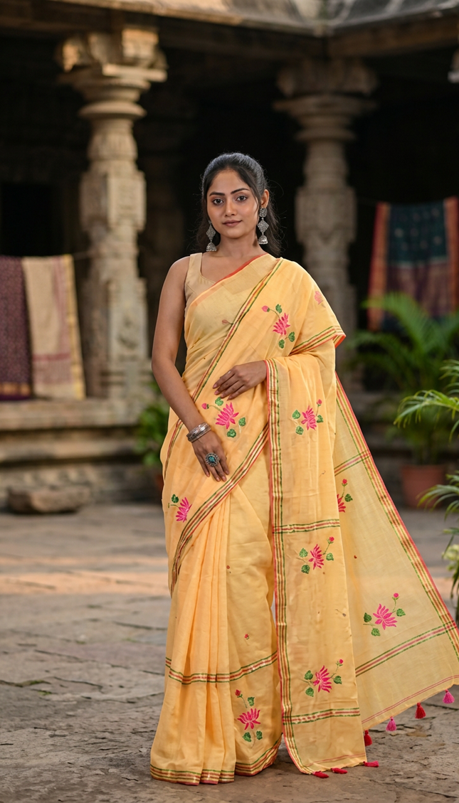 Yellow Mulmul Cotton Saree — Lotus Hand Painted | Handcrafted saree | KalamKantha