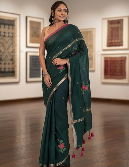 Bottle Green Handloom Cotton Saree — Lotus Hand Painted | Handcrafted saree | KalamKantha