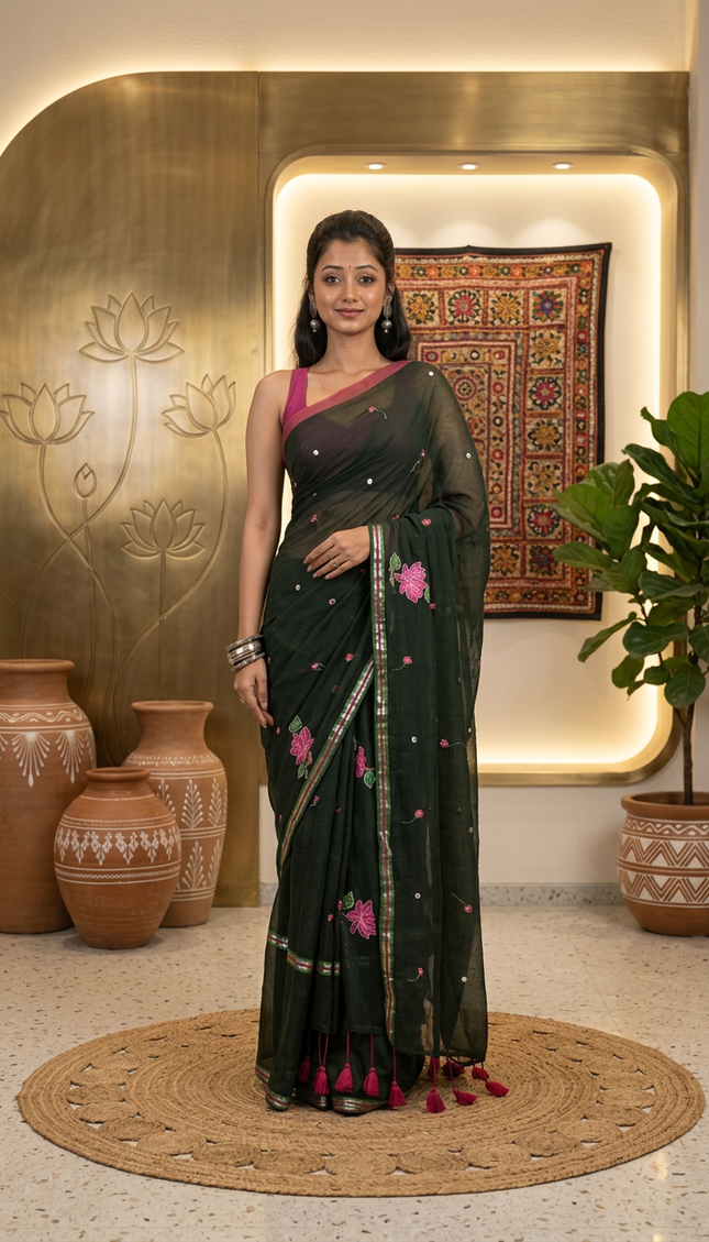 Bottle Green Handloom Cotton Saree — Lotus Hand Painted | Handcrafted saree | KalamKantha