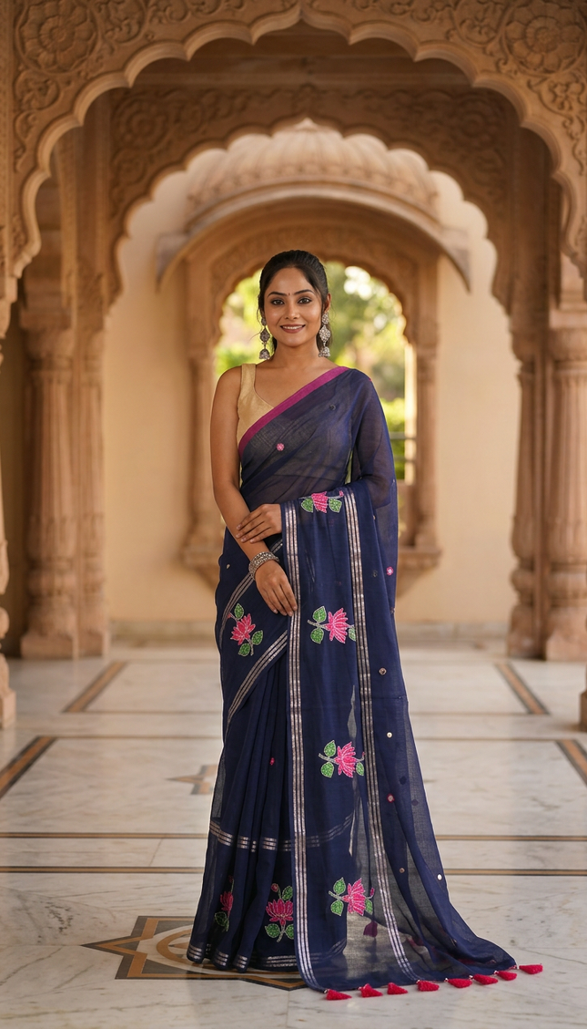 Navy Blue Handloom Cotton Saree — Lotus Hand Painted | Handcrafted saree | KalamKantha