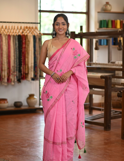Pink Handloom Cotton Saree — Lotus Hand Painted | Handcrafted saree | KalamKantha