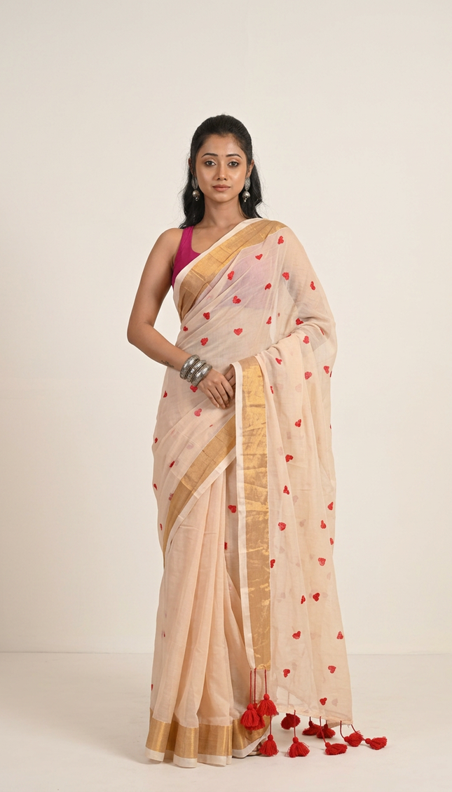 Off-White Love Khadi Cotton Saree — Red Tassels | Handcrafted saree | KalamKantha