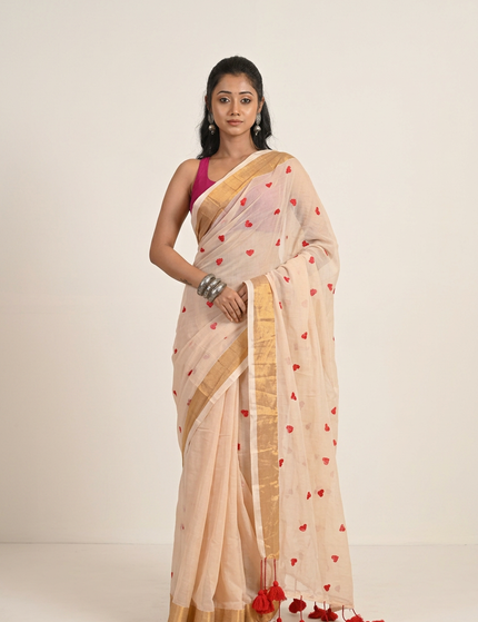 Off-White Love Khadi Cotton Saree — Red Tassels | Handcrafted saree | KalamKantha