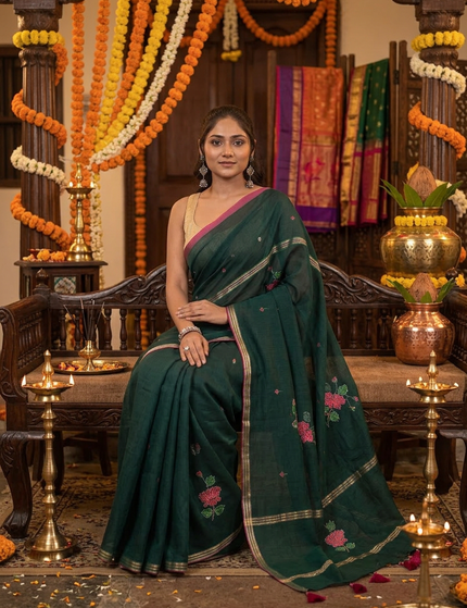 Bottle Green Handloom Cotton Saree — Lotus Hand Painted | Handcrafted saree | KalamKantha