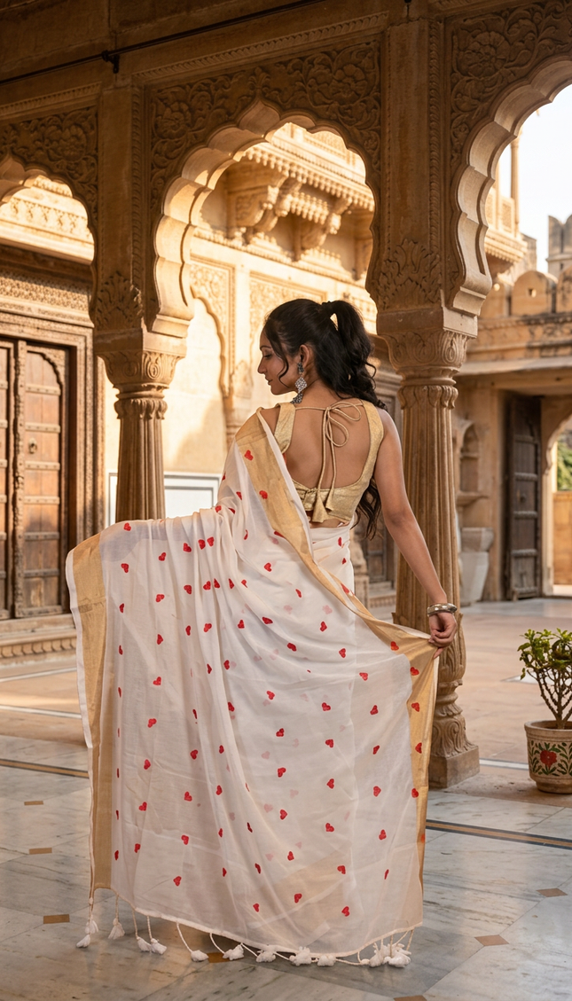 Off-White Love Khadi Cotton Saree — Red Heart Motifs | Handcrafted saree | KalamKantha