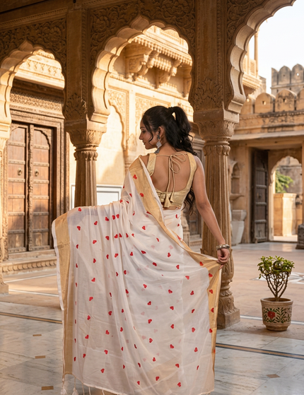 Off-White Love Khadi Cotton Saree — Red Heart Motifs | Handcrafted saree | KalamKantha