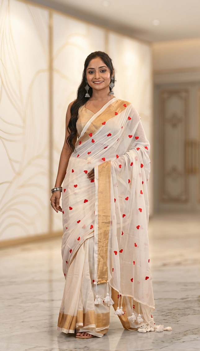 Off-White Love Khadi Cotton Saree — Red Heart Motifs | Handcrafted saree | KalamKantha