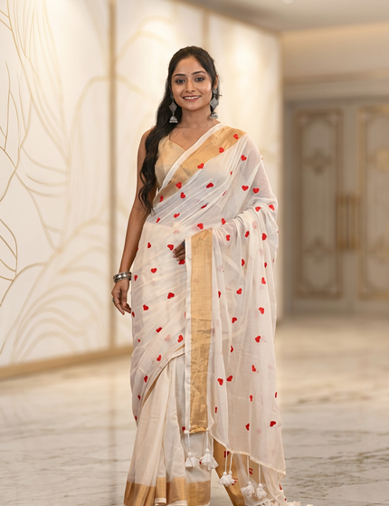 Off-White Love Khadi Cotton Saree — Red Heart Motifs | Handcrafted saree | KalamKantha