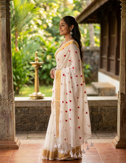 Off-White Love Khadi Cotton Saree — Red Heart Motifs | Handcrafted saree | KalamKantha