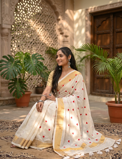Off-White Love Khadi Cotton Saree — Red Heart Motifs | Handcrafted saree | KalamKantha