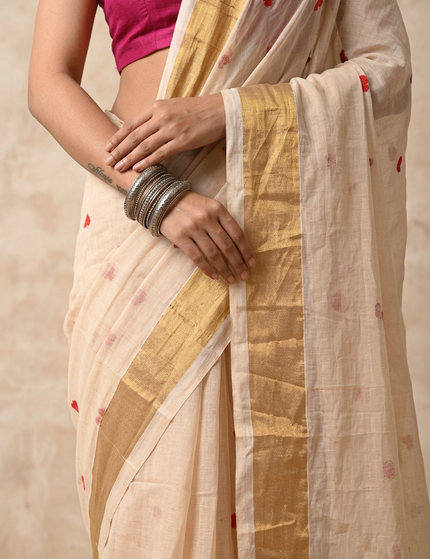 Off-White Love Khadi Cotton Saree — Red Tassels | Handcrafted saree | KalamKantha