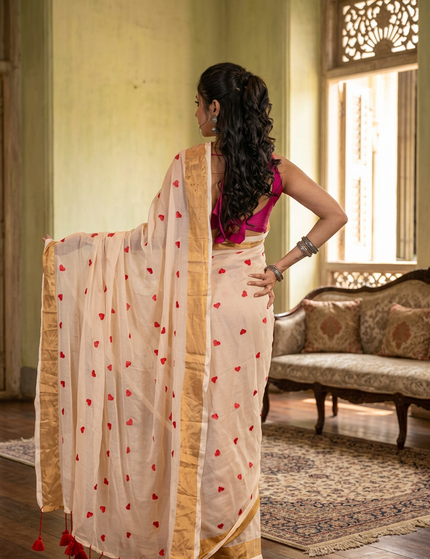 Off-White Love Khadi Cotton Saree — Red Tassels | Handcrafted saree | KalamKantha
