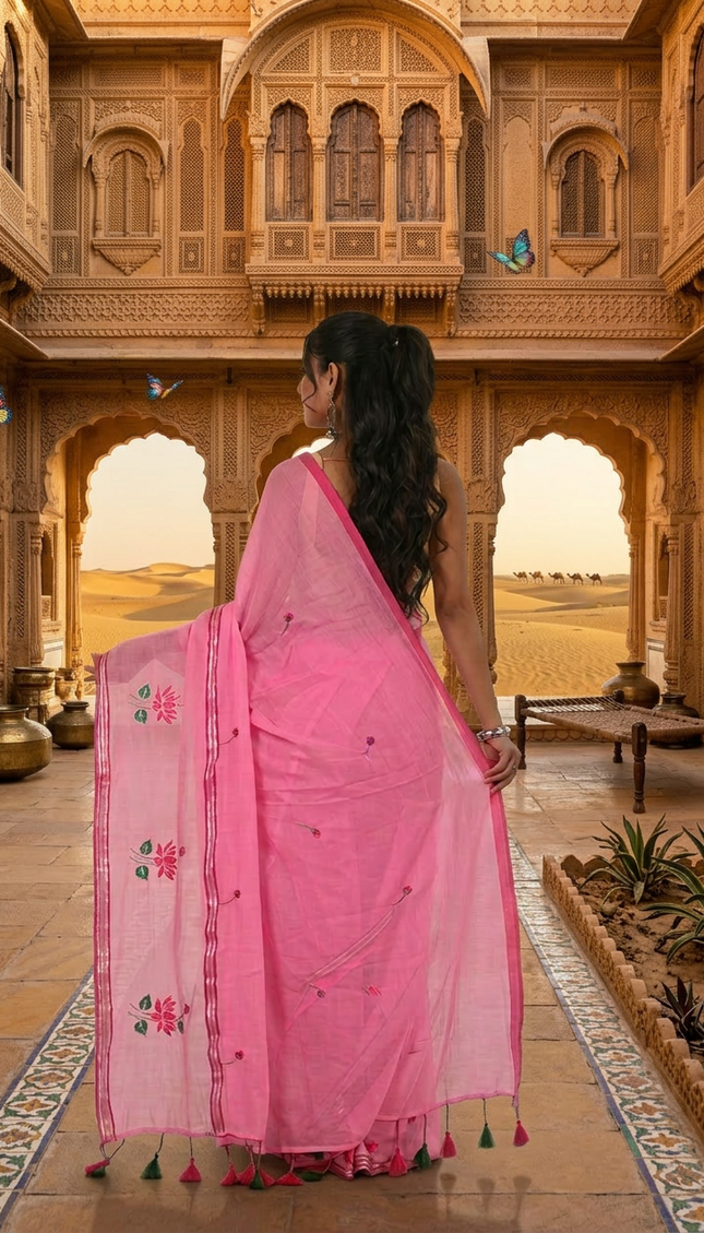 Pink Handloom Cotton Saree — Lotus Hand Painted | Handcrafted saree | KalamKantha