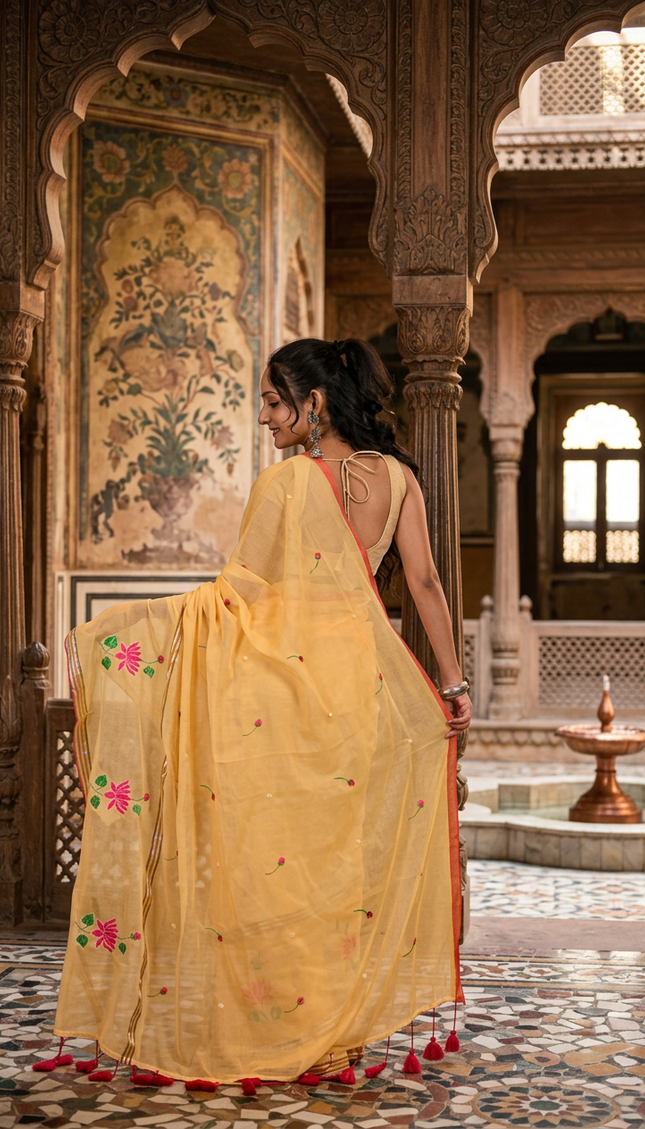 Yellow Mulmul Cotton Saree — Lotus Hand Painted | Handcrafted saree | KalamKantha