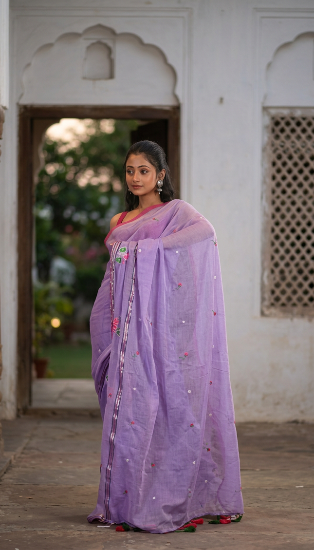 Lilac Handloom Cotton Saree — Lotus Hand Painted | Handcrafted saree | KalamKantha