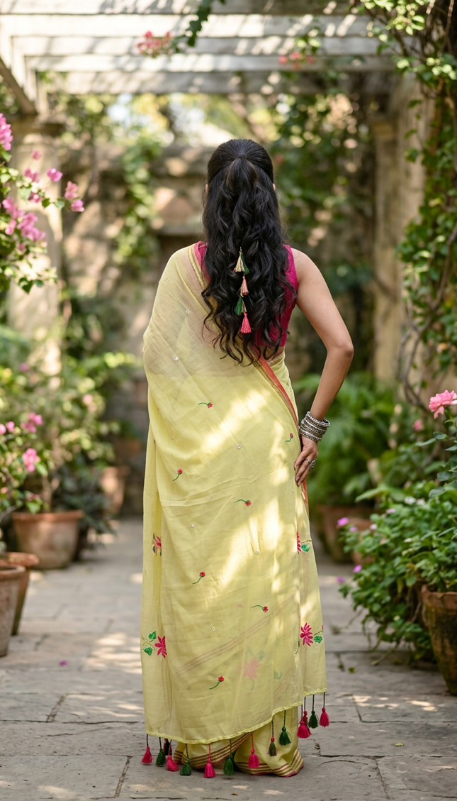 Lime Green Mulmul Cotton Saree — Lotus Hand Painted | Handcrafted saree | KalamKantha