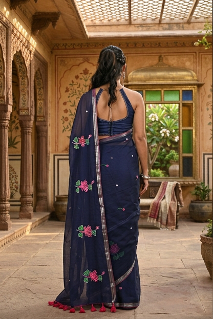 Navy Blue Handloom Cotton Saree — Lotus Hand Painted | Handcrafted saree | KalamKantha