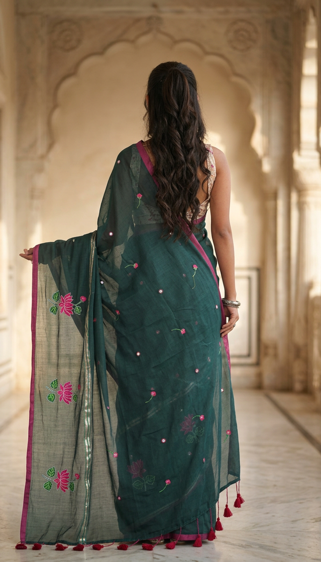 Bottle Green Handloom Cotton Saree — Lotus Hand Painted | Handcrafted saree | KalamKantha