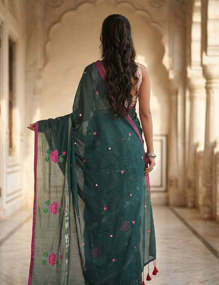 Bottle Green Handloom Cotton Saree — Lotus Hand Painted | Handcrafted saree | KalamKantha