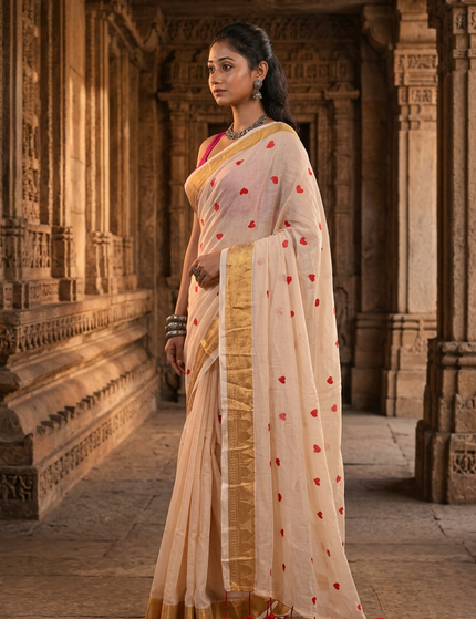 Off-White Love Khadi Cotton Saree — Red Tassels | Handcrafted saree | KalamKantha