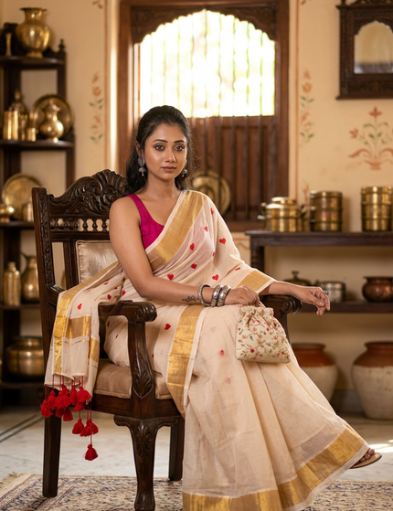 Off-White Love Khadi Cotton Saree — Red Tassels | Handcrafted saree | KalamKantha